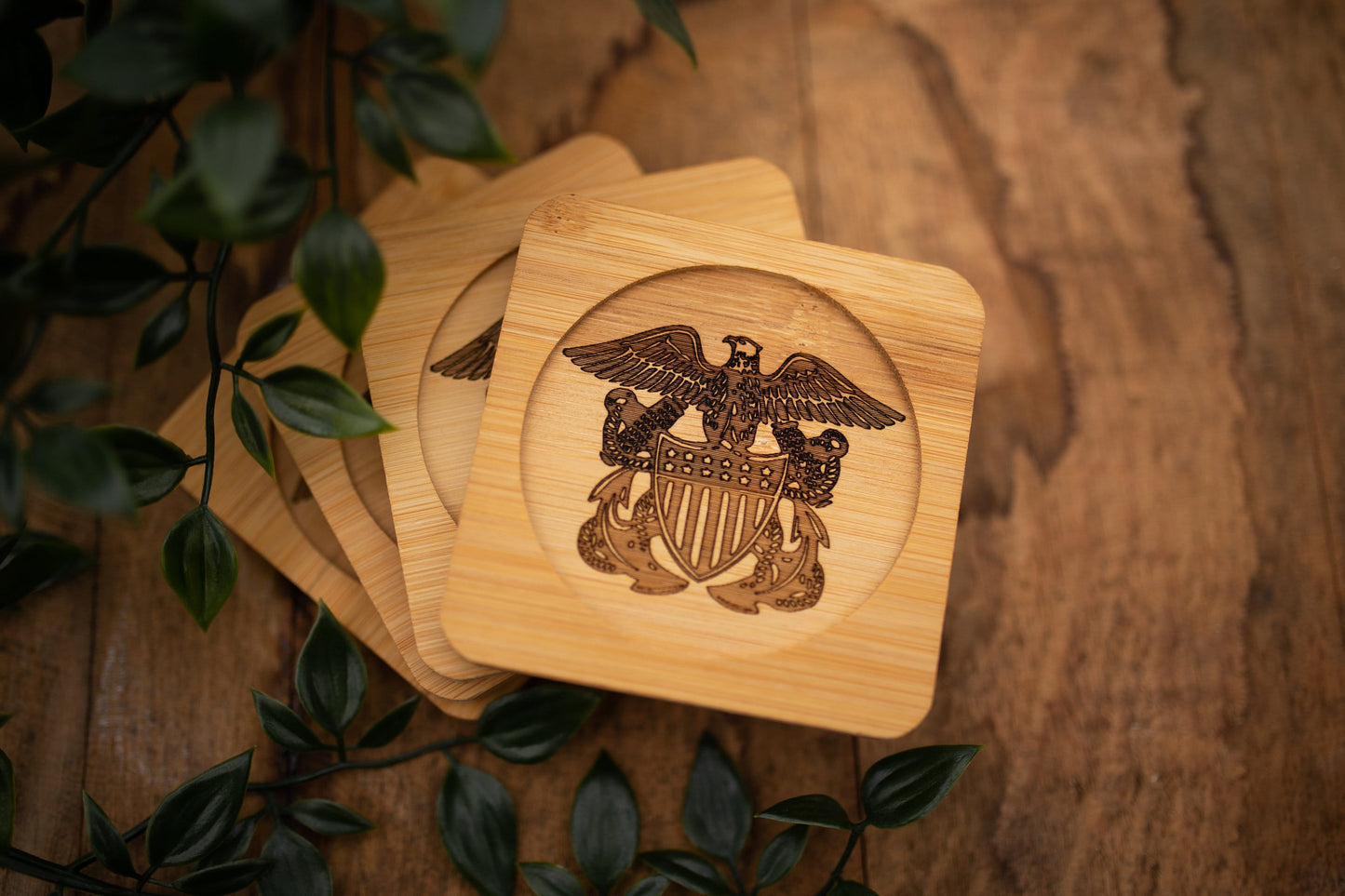 Navy Officer Crest Laser Engraved Bamboo Coasters! Set of 4, great gift for commissioning or special occasions
