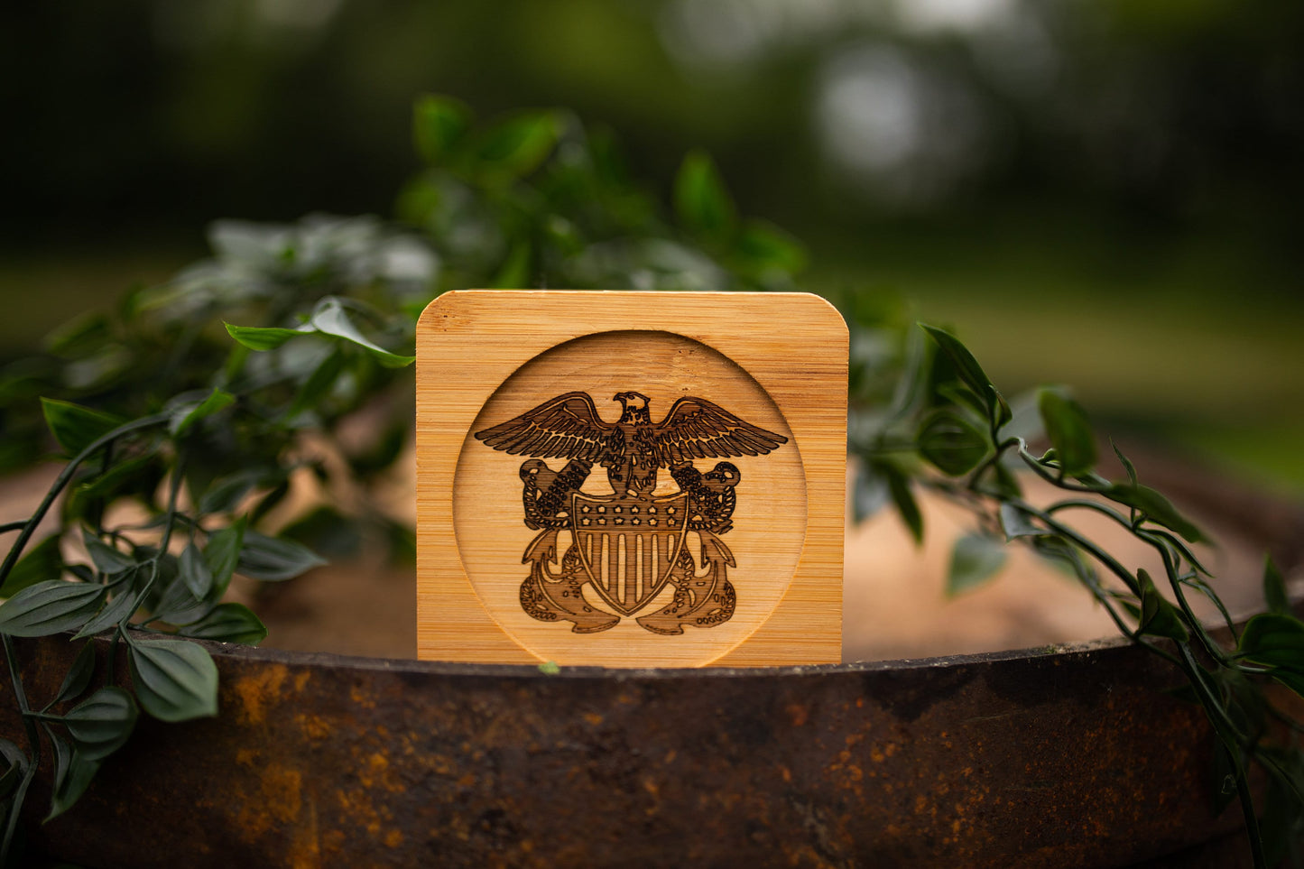 Navy Officer Crest Laser Engraved Bamboo Coasters!  Set of 4, great gift for commissioning or special occasions